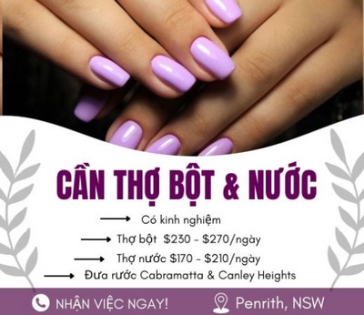 Shop nails tuyển thợ bột và tcn lương cao vùng Penrith, NSW