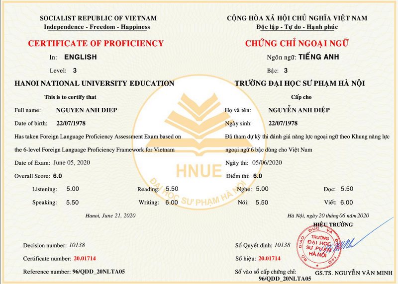 Chứng chỉ tiếng Anh tức IELTS hoặc tương đương